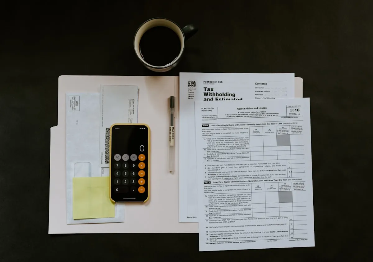 Análisis financiero con gráficos y calculadora sobre escritorio